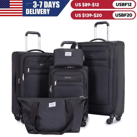 5 Piece Luggage Set with Expandable, Lightweight Softside Suitcase