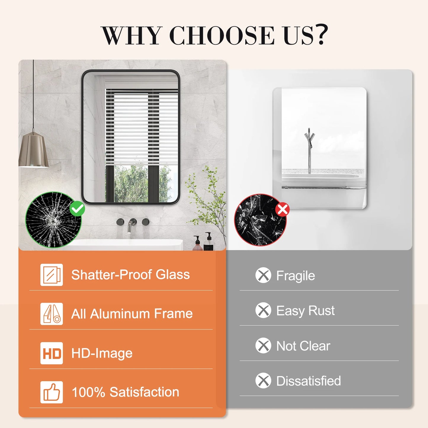 Matte Metal Framed Bathroom Mirror for Wall