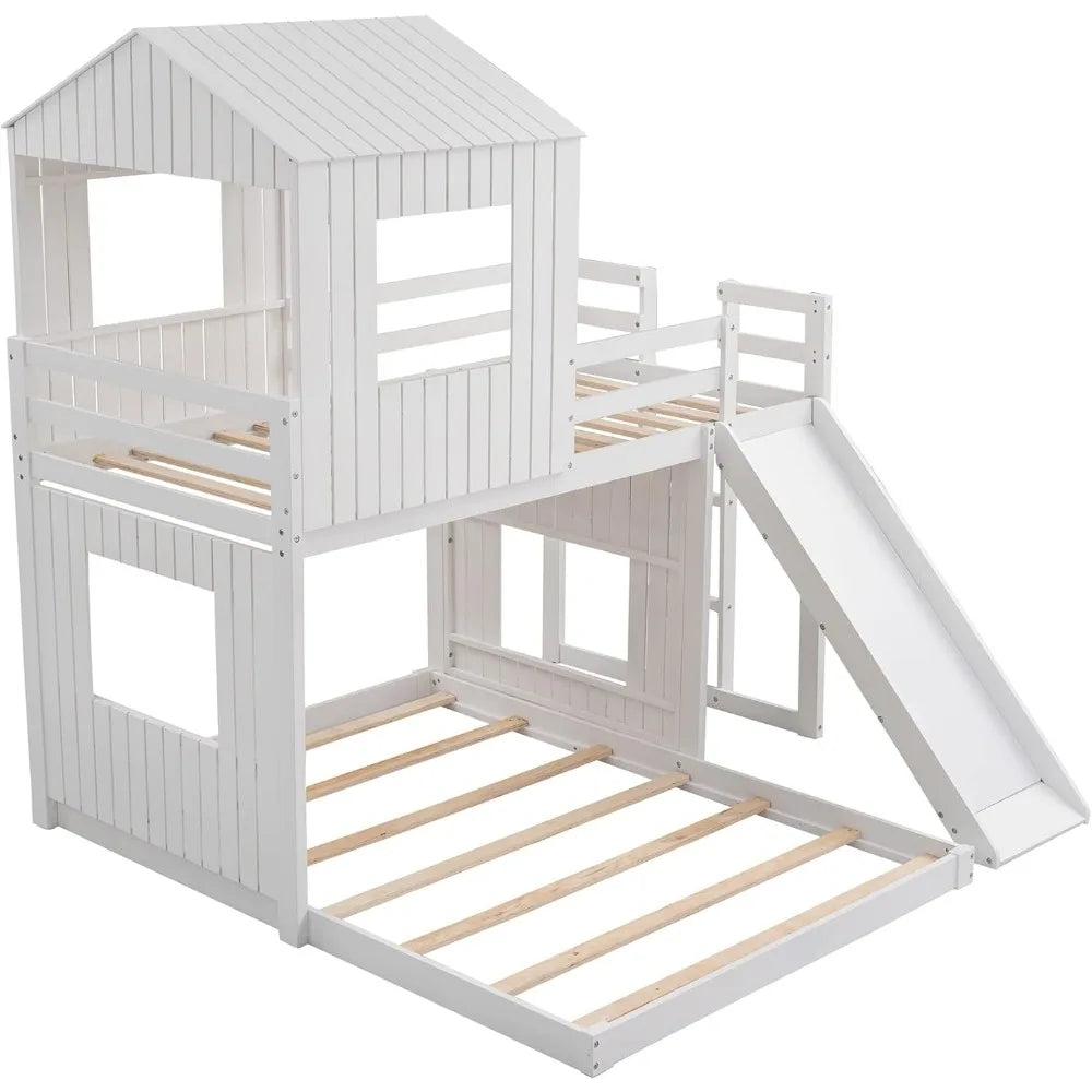 Wooden Twin Over Full Bunk Beds with Slide