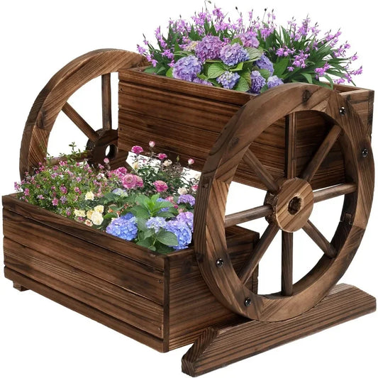 home.Wooden Wagon Planter Box, Garden Planter with Wheels