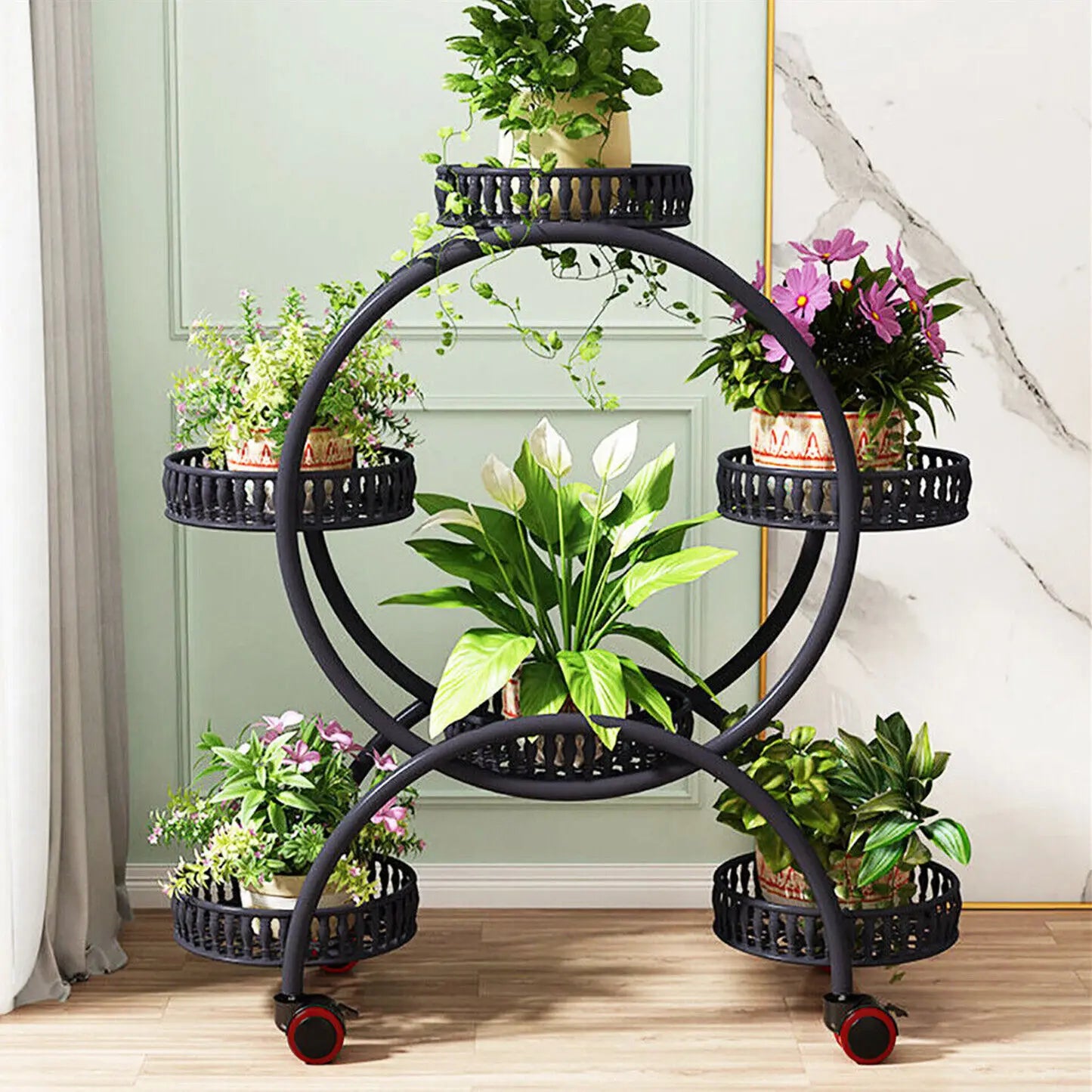 4 Layer 6 Pots Plant Stand Shelf 4-Wheel Free Moving