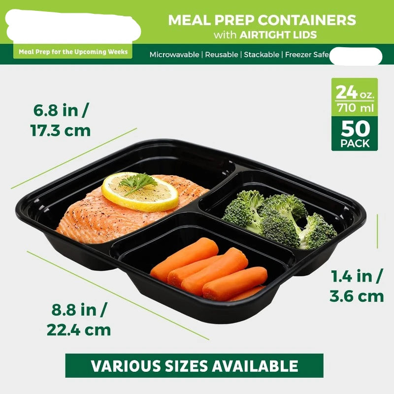 50 - 3 Compartment Food Storage Containers with Lids