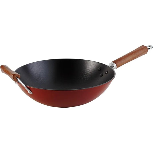 USA Light Cast Iron Wok with Wood Handles 14-Inch, Black