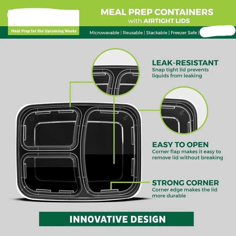 50 - 3 Compartment Food Storage Containers with Lids