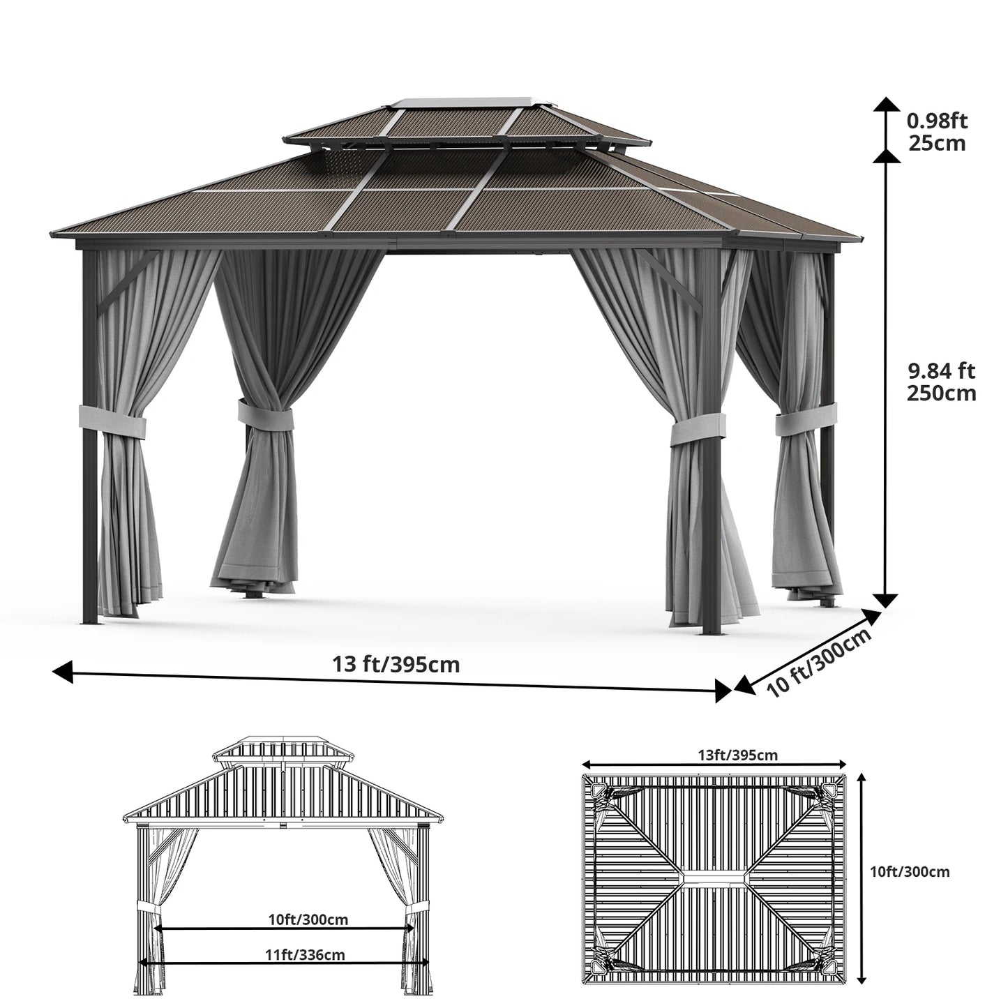 Hardtop Gazebo 10'x13', Double Polycarbonate Sheet Roof