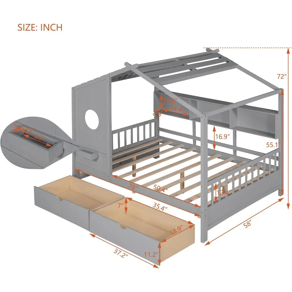 Wooden Full Size House Bed Frame with 2 Drawers