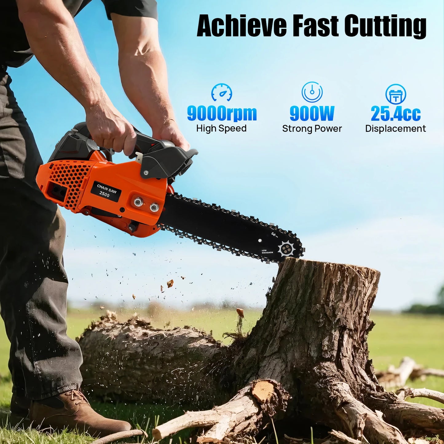 900W Gasoline Chainsaw,  25.4cc, 2-Stroke Engine