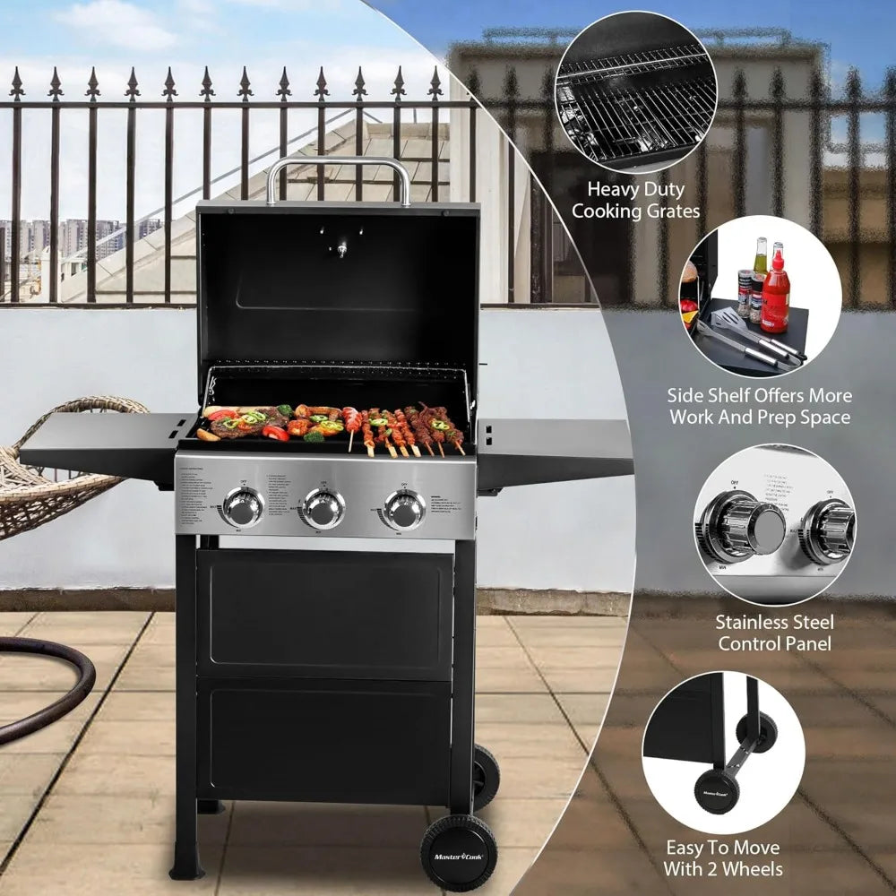 3 Burner BBQ Propane Gas Grill, Stainless Steel