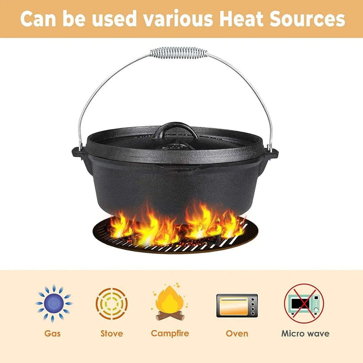 Femor 12 L Cast Iron Dutch Oven  BBQ Roaster