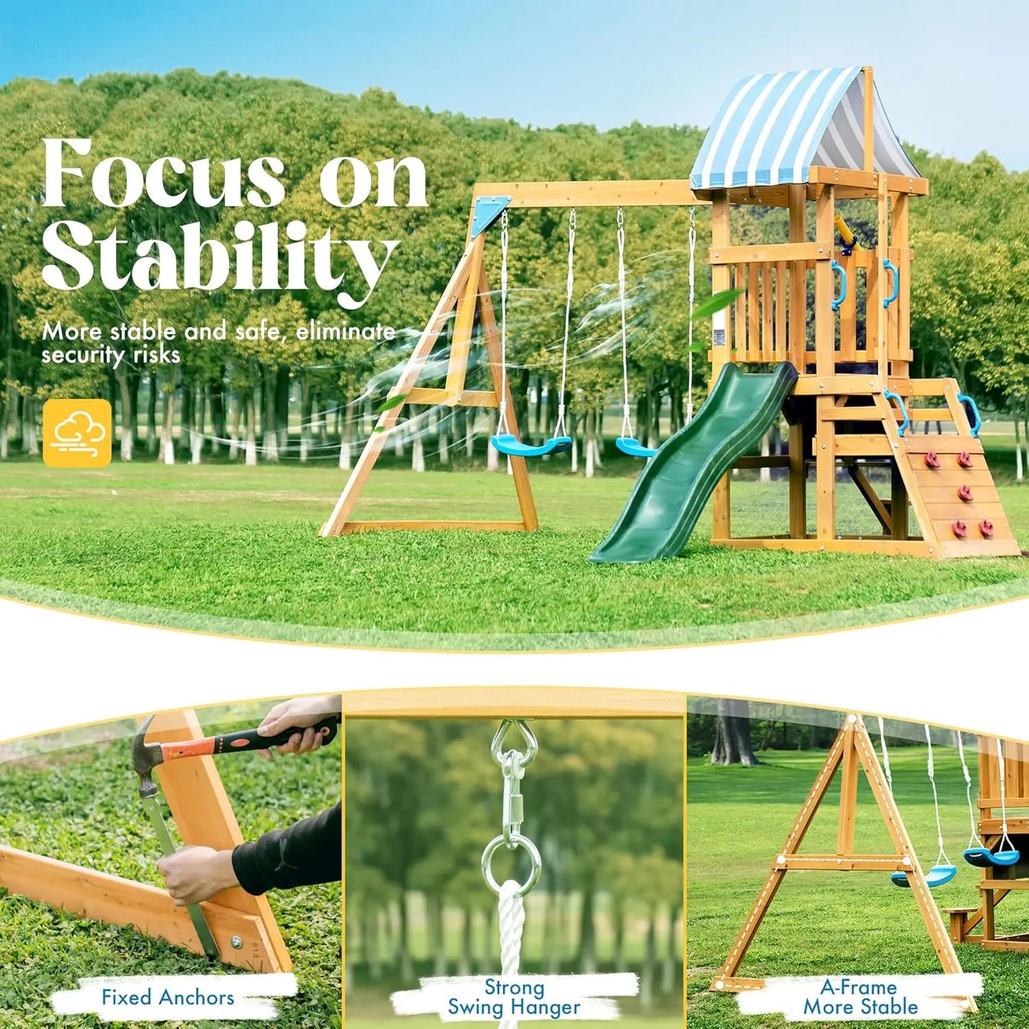 Wooden Swing Set with Dual Swings Slide Rock Climbing Wall