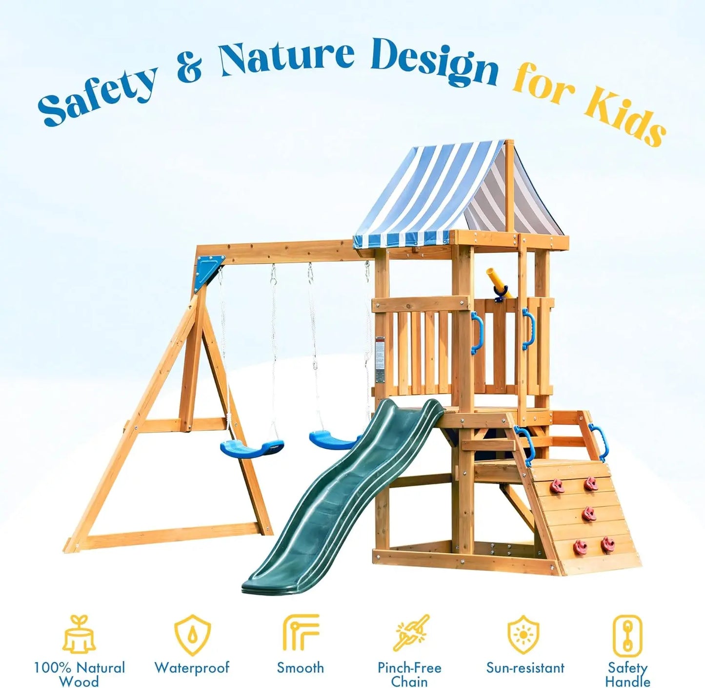 Wooden Swing Set with Dual Swings Slide Rock Climbing Wall