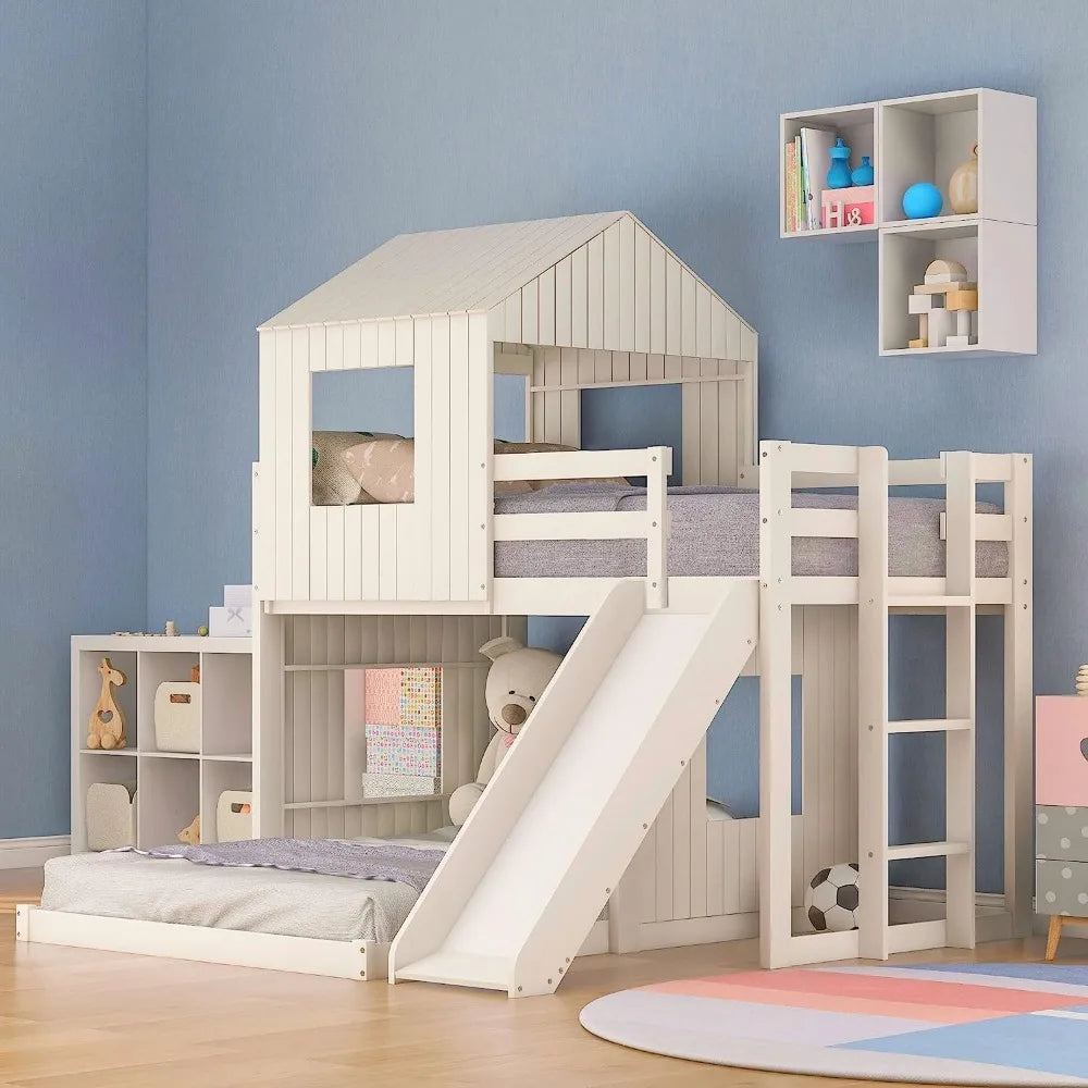 Wooden Twin Over Full Bunk Beds with Slide