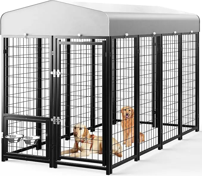 XMSJH Outdoor Dog Kennel Pen With Roof And Swivel Feeders