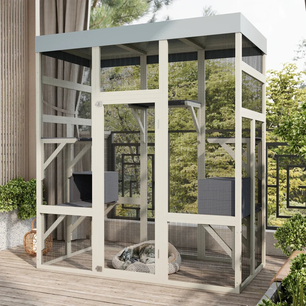 62.6" Gray Wooden Catio Outdoor Pet Enclosure with Waterproof Top