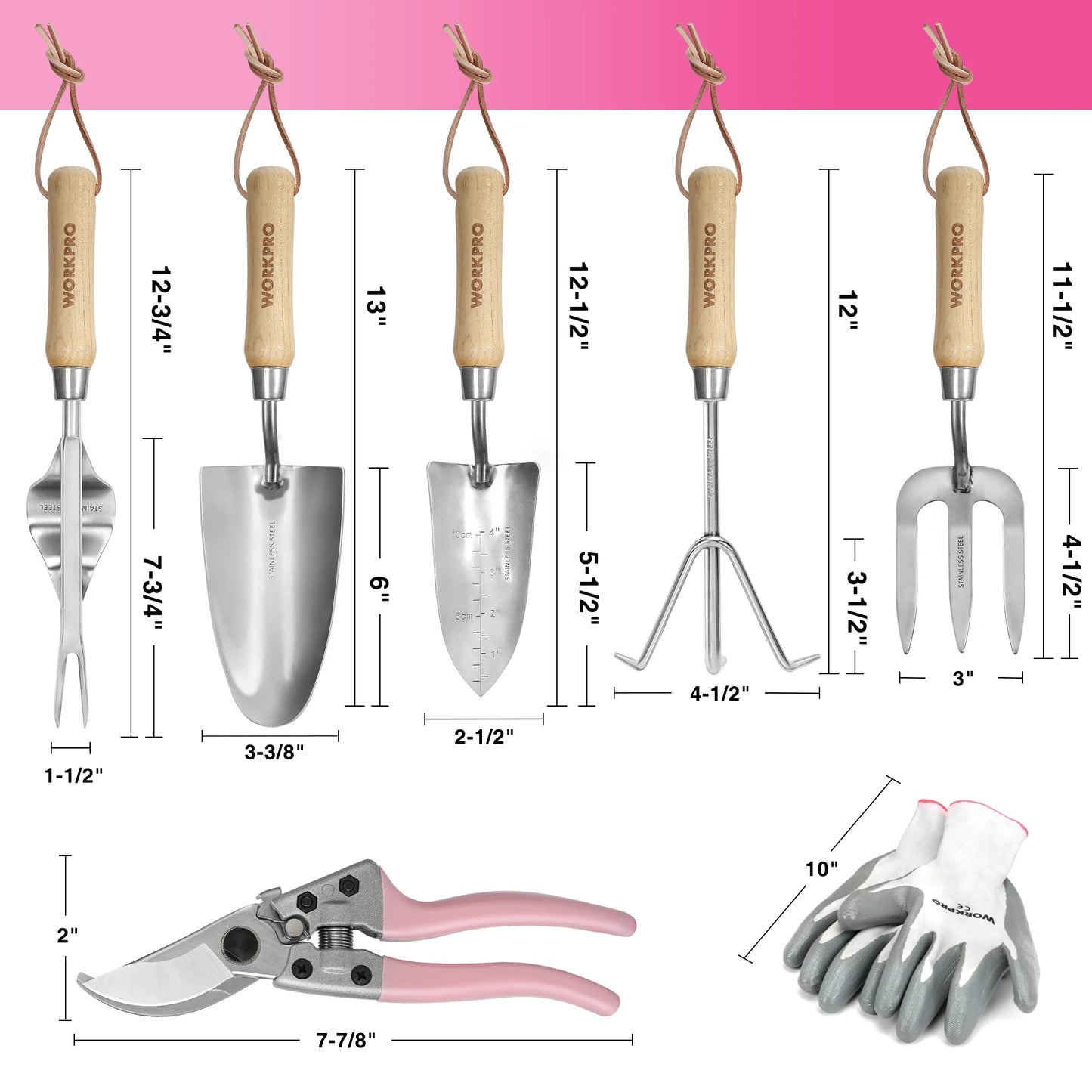 WORKPRO 8-Piece Pink Stainless Steel Gardening Tools